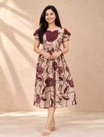 Swirling Rose Floral Vine Print Vatican Maxi Frock with Petal Sleeve - Mangai Nighties