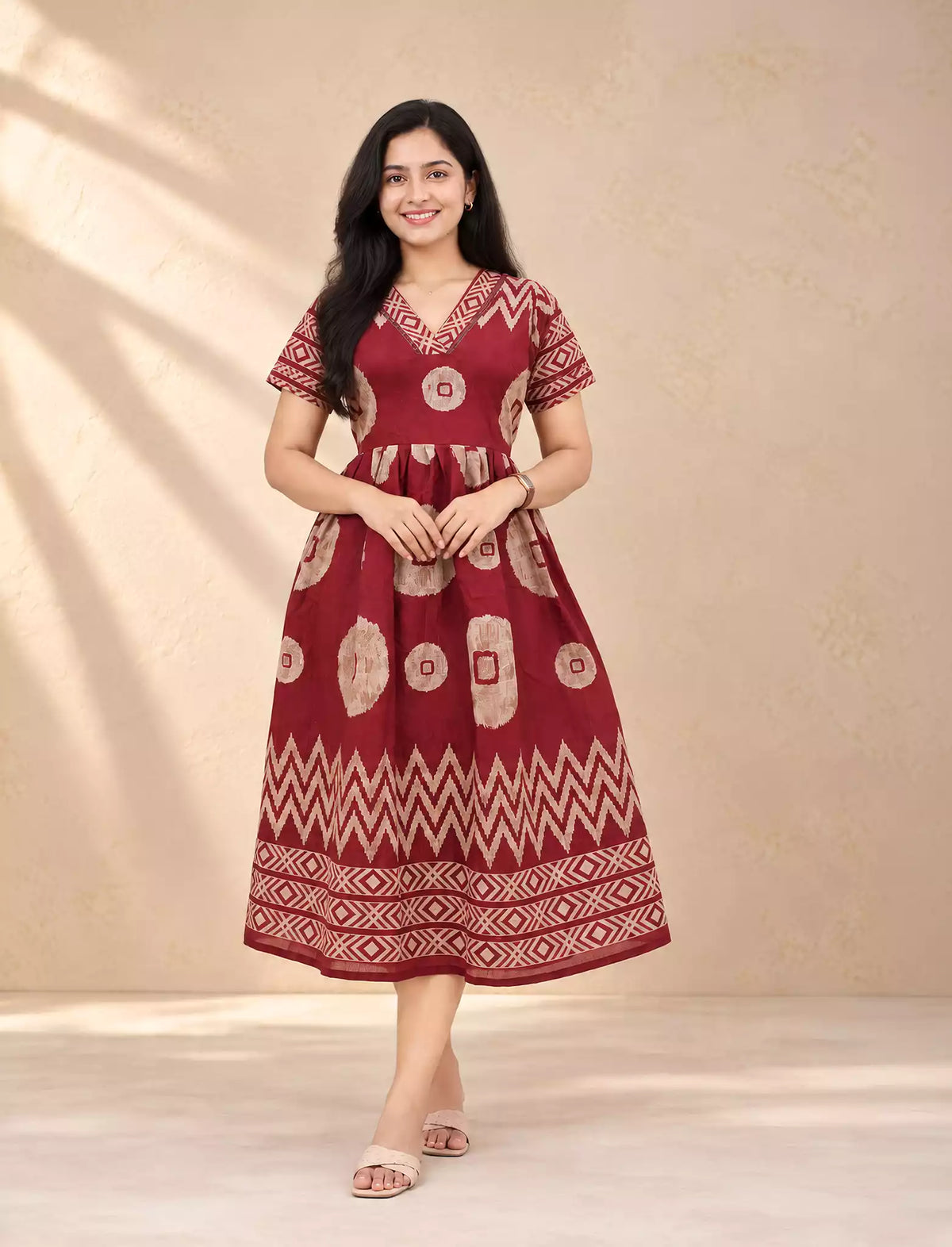 Geometric Batik Print Rayon Vatican Frock with Back Tie Rope - Mangai Nighties