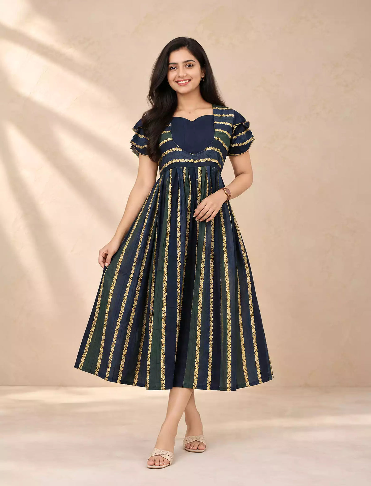 Ethnic Ornamental Stripe Print Vatican Maxi Frock with Back Tie - Mangai Nighties