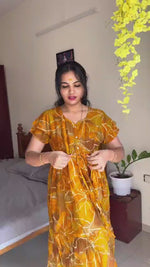 Rayon Colourful Foil Printing Gathering Frock Model Nighties | Side Pocket and Gathering Front Rope | Fancy Sleeve & Maxi Frock Nightwear for Stylish Women's (FGF)