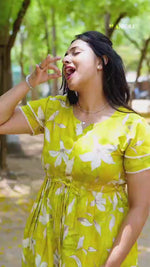 Turquoise Wave Rayon Foil Print Maxi Frock – Double Frill Sleeve Summer Dress with Adjustable Waist & Side Pockets MAXI Frock