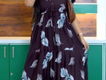 Black Rayon Leaf Print Gathering Full Frock with Front Adjustable Rope - Mangai Nighties