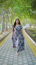 Peacock Floral Premium Alpine 3-Layer Maxi Frock – Elegant Double Layer Butterfly Sleeves with V-Neck & Adjustable Back Tie - Breathable All-Season Fabric