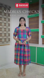 Rayon Rainbow Madras Checks Maxi Frock with Puff Sleeve - Mangai Nighties