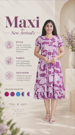 Rayon Navy Blue Leaf Print Rayon Maxi Frock with Puff Sleeve - Mangai Nighties