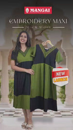 Plain Embroidered V-Neck Rayon Maxi Nighty With Back Tie - Mangai Nighties