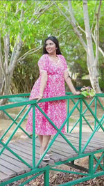 Berry Kalamkari Premium Cotton Maternity Maxi – Dual Invisible Zipper Feeding Dress with Square Neck & RegularSleeves
