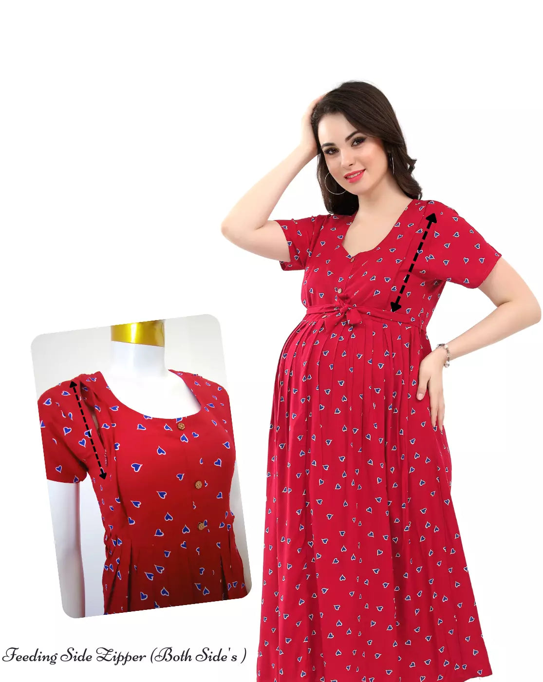 ONLY MINE Premium 4-IN-ONE Heart Shape Print Mom's Wear | Stylish Maxi Moms Wear | Invisible Feeding Zipper | Perfect Pregnancy Wear