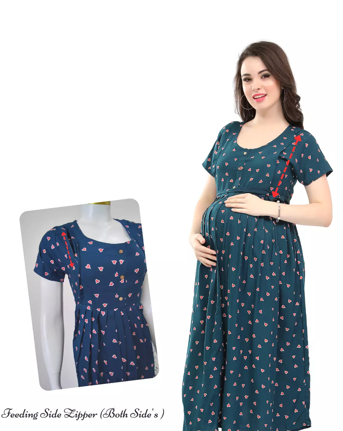 ONLY MINE Premium 4-IN-ONE Heart Shape Print Mom's Wear | Stylish Maxi Moms Wear | Invisible Feeding Zipper | Perfect Pregnancy Wear