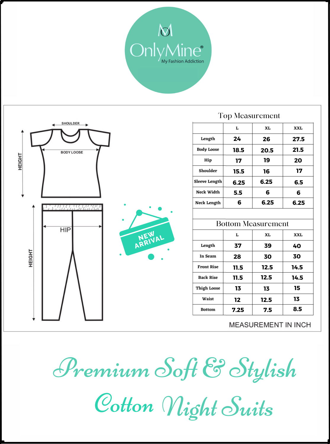 New ONLY MINE Summer Arrival Premium Cotton Night Suits - Top & Bottom Set
