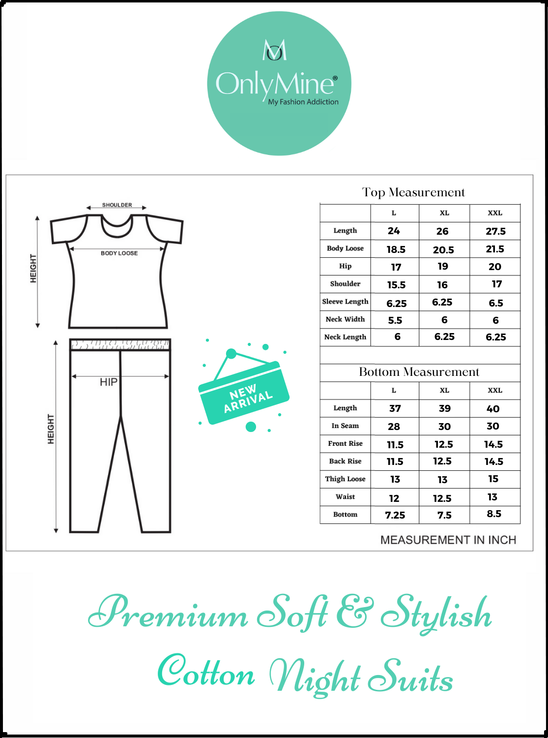 ONLY MINE Summer Arrival Premium Cotton Night Suits - Latest Collection's Top & Bottom Set